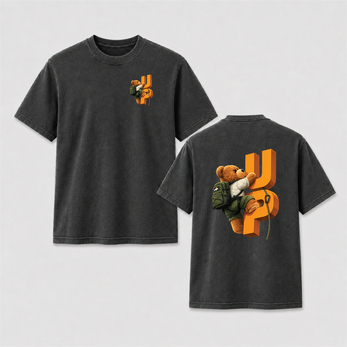 Climbing Teddy Bear “UP” Front & Back Graphic Tee