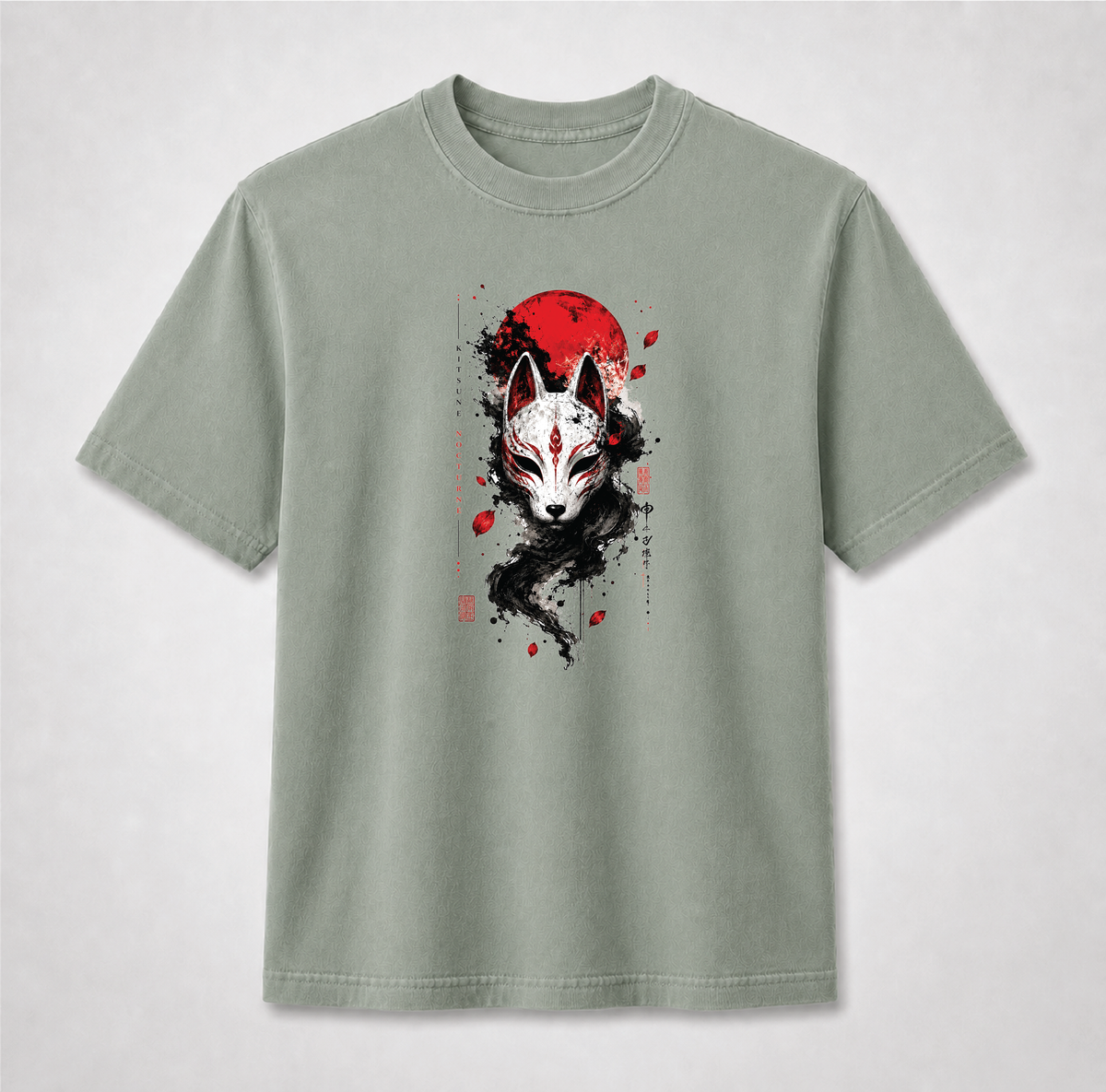 Kitsune Nocturne Red Moon Fox Mask Graphic Tee