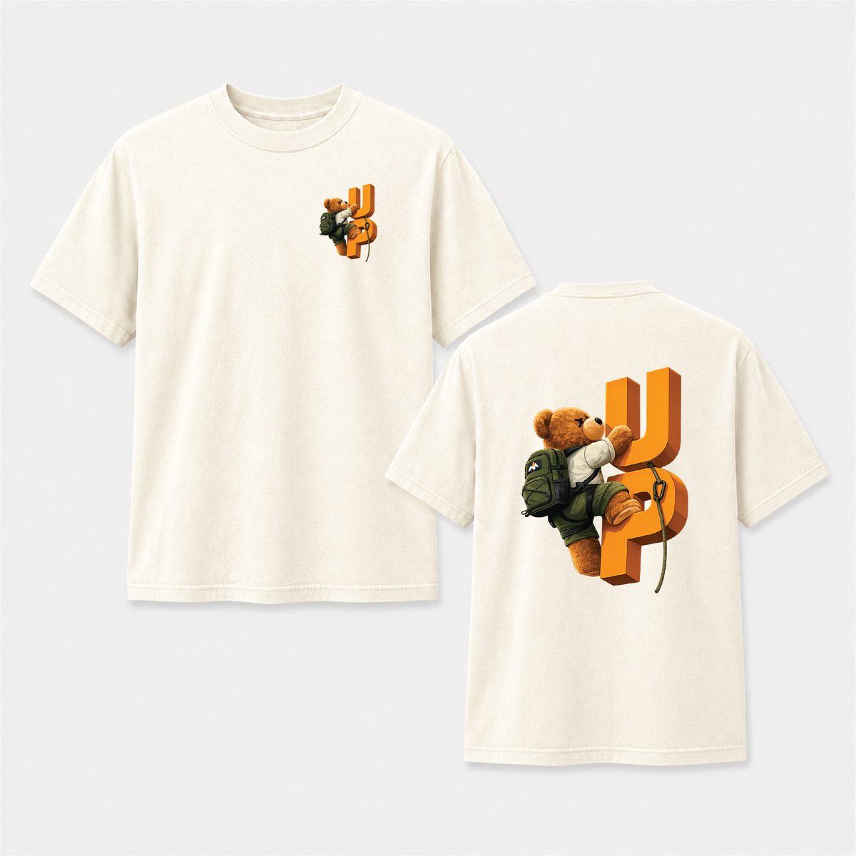 Climbing Teddy Bear “UP” Front & Back Graphic Tee