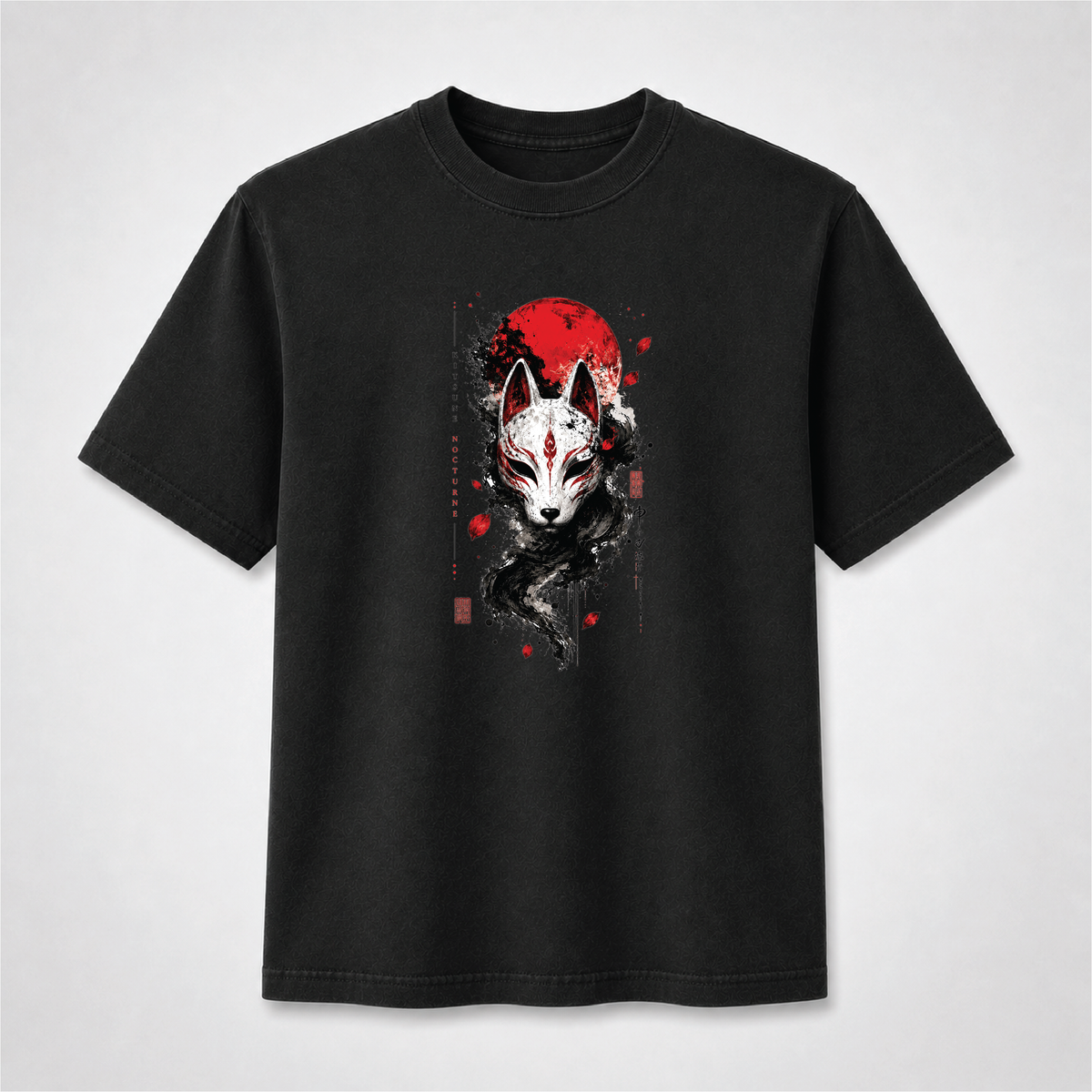Kitsune Nocturne Red Moon Fox Mask Graphic Tee