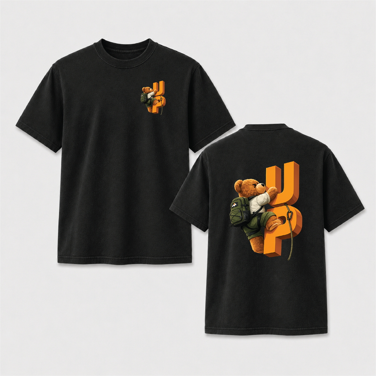 Climbing Teddy Bear “UP” Front & Back Graphic Tee