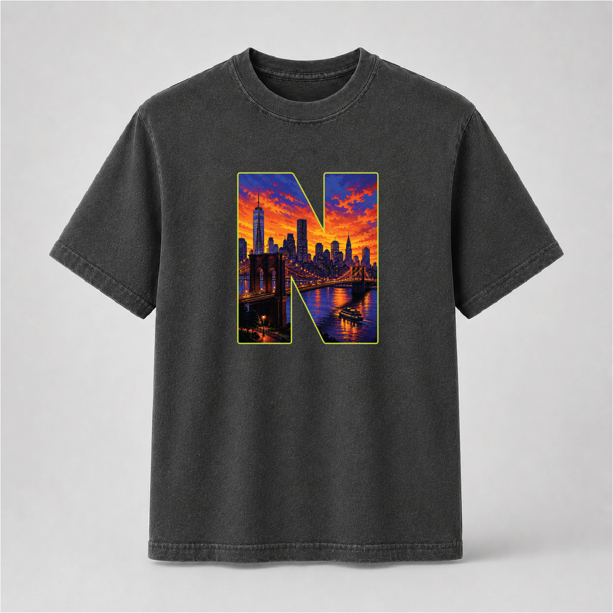 New York City Sunset Skyline Letter N Graphic Tee