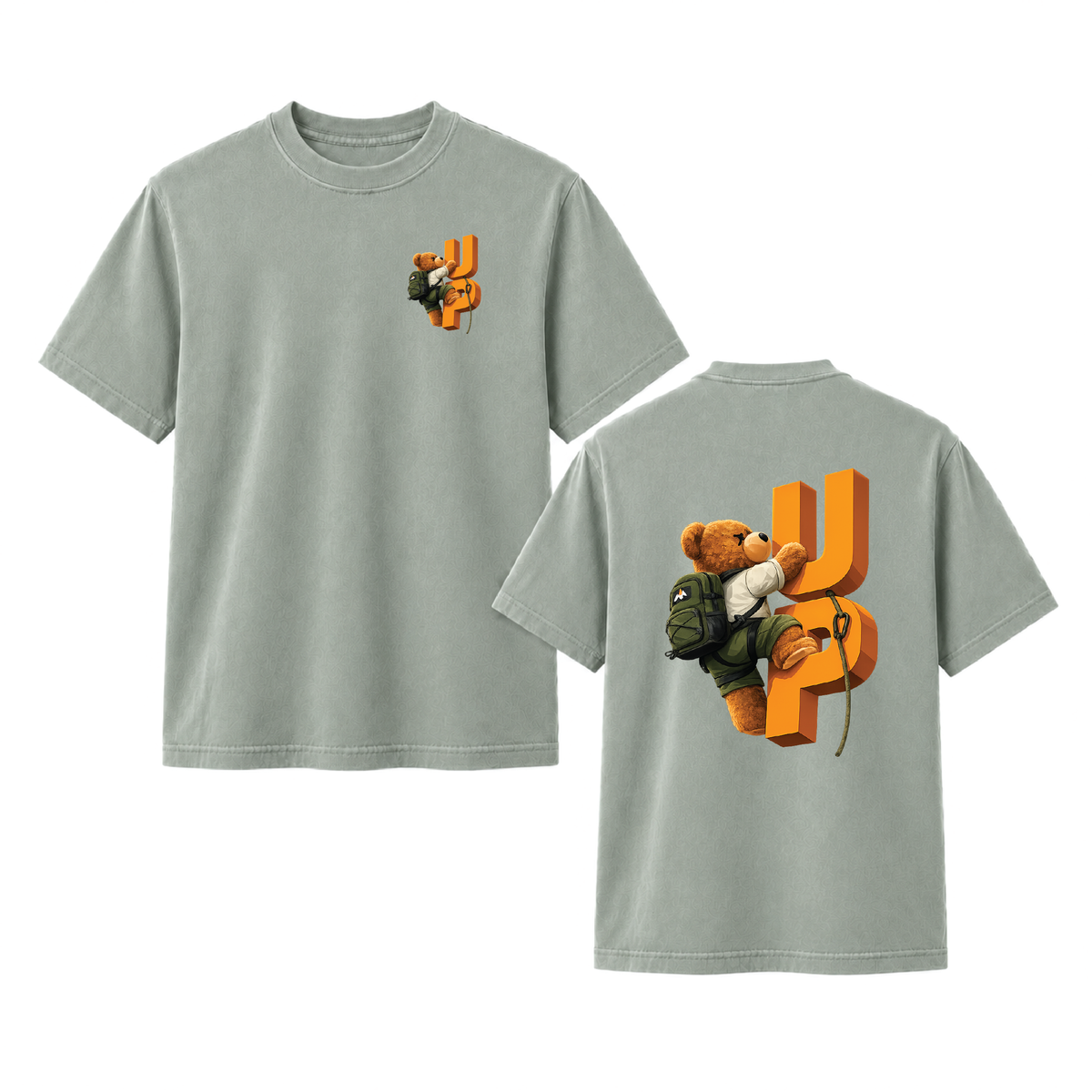 Climbing Teddy Bear “UP” Front & Back Graphic Tee