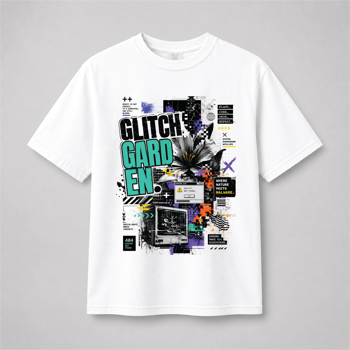 Glitch Garden halftone Graphic Tee – Cyber Floral Streetwear Shirt