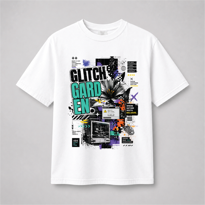 Glitch Garden halftone Graphic Tee – Cyber Floral Streetwear Shirt