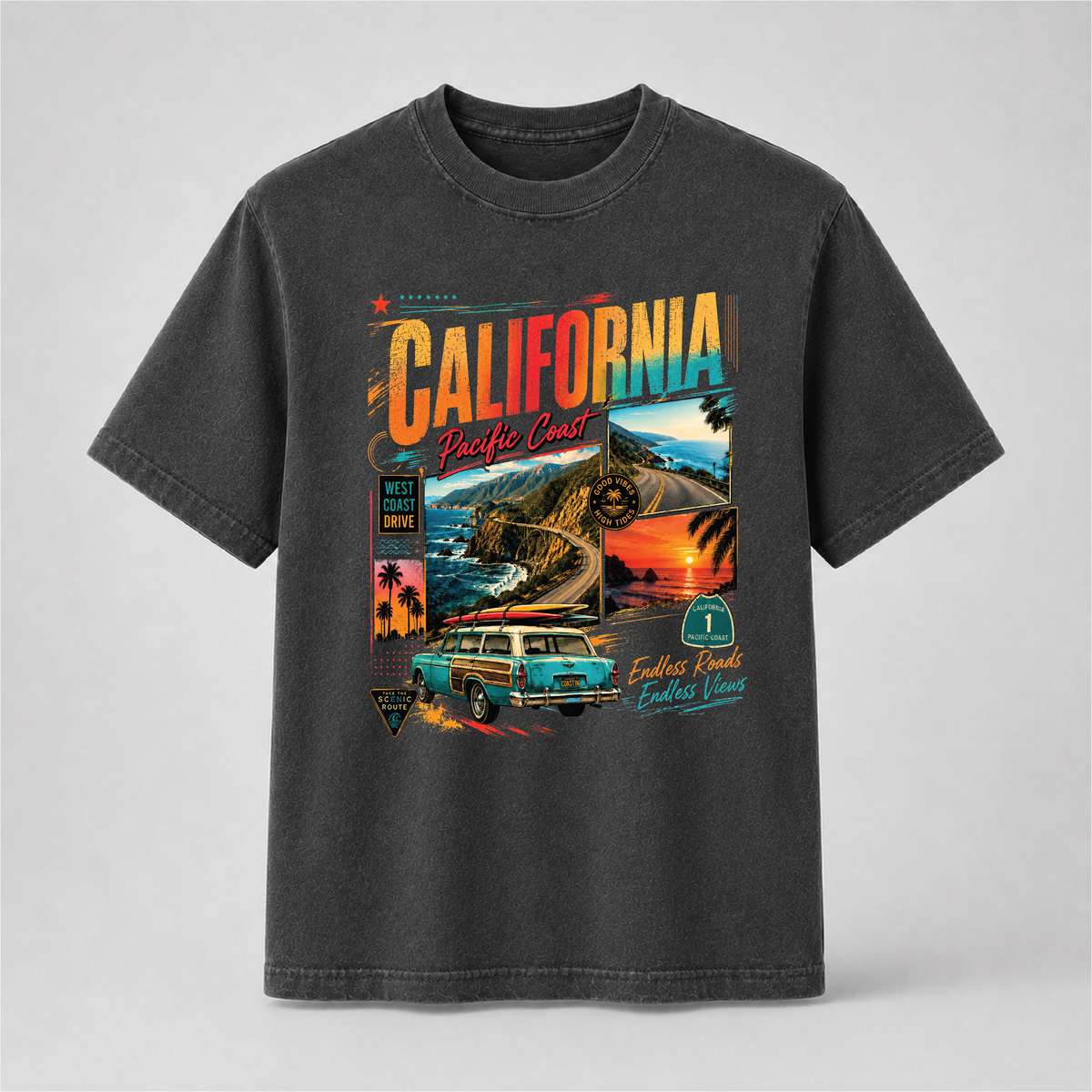 California Pacific Coast Highway Retro Travel Graphic Tee