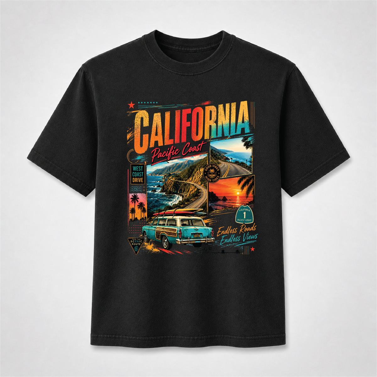 California Pacific Coast Highway Retro Travel Graphic Tee