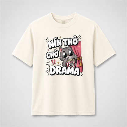 Nín Thở Chờ Drama Vietnamese Funny Cat Graphic Tee – Popcorn Meme Shirt