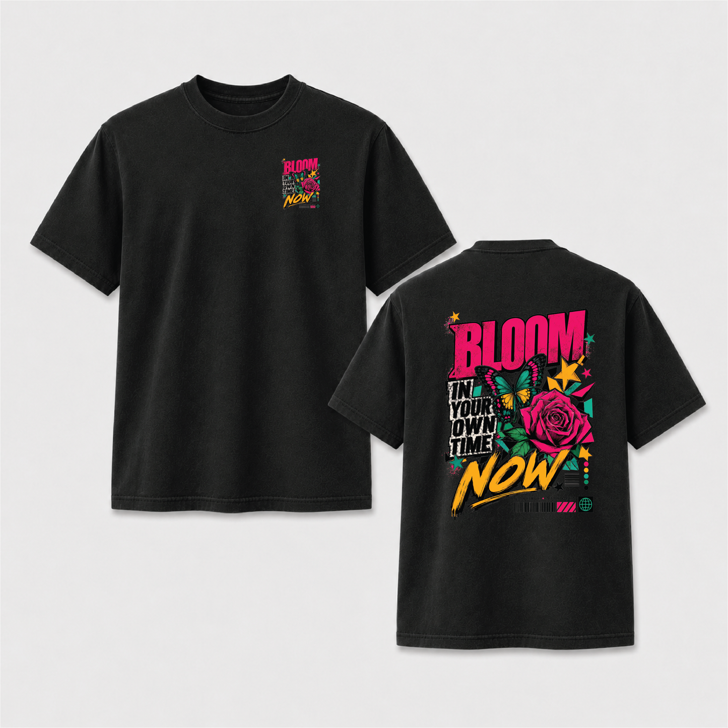 Bloom in Your Own Time T-Shirt – Butterfly Rose Front & Back Graphic Tee