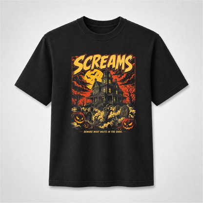 Screams Haunted House Halloween T-Shirt – Vintage Horror Graphic Tee