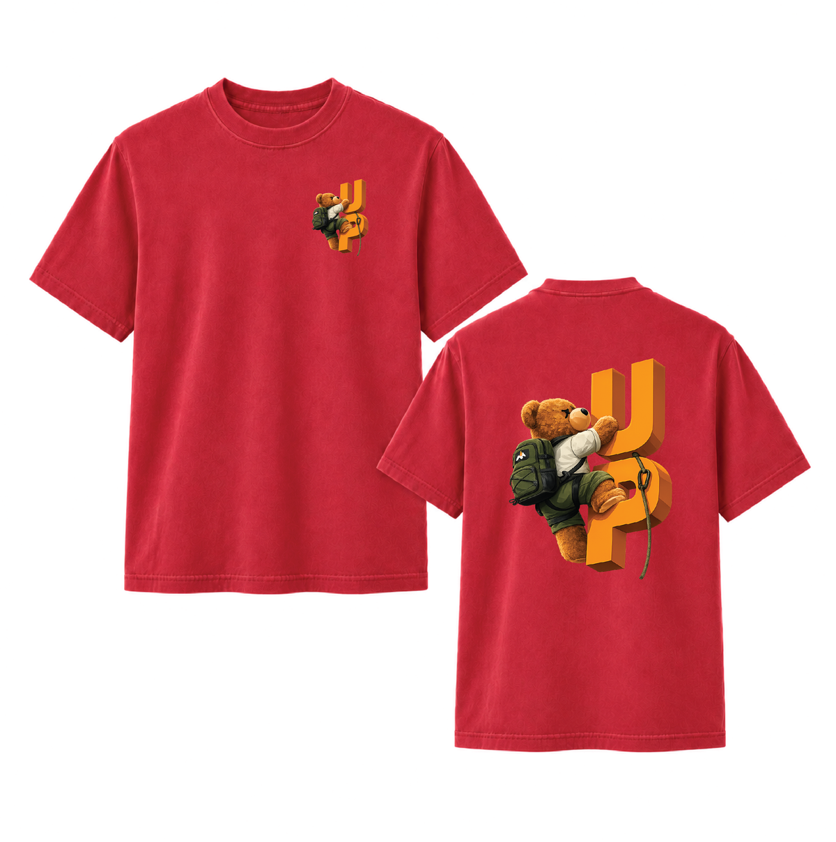Climbing Teddy Bear “UP” Front & Back Graphic Tee