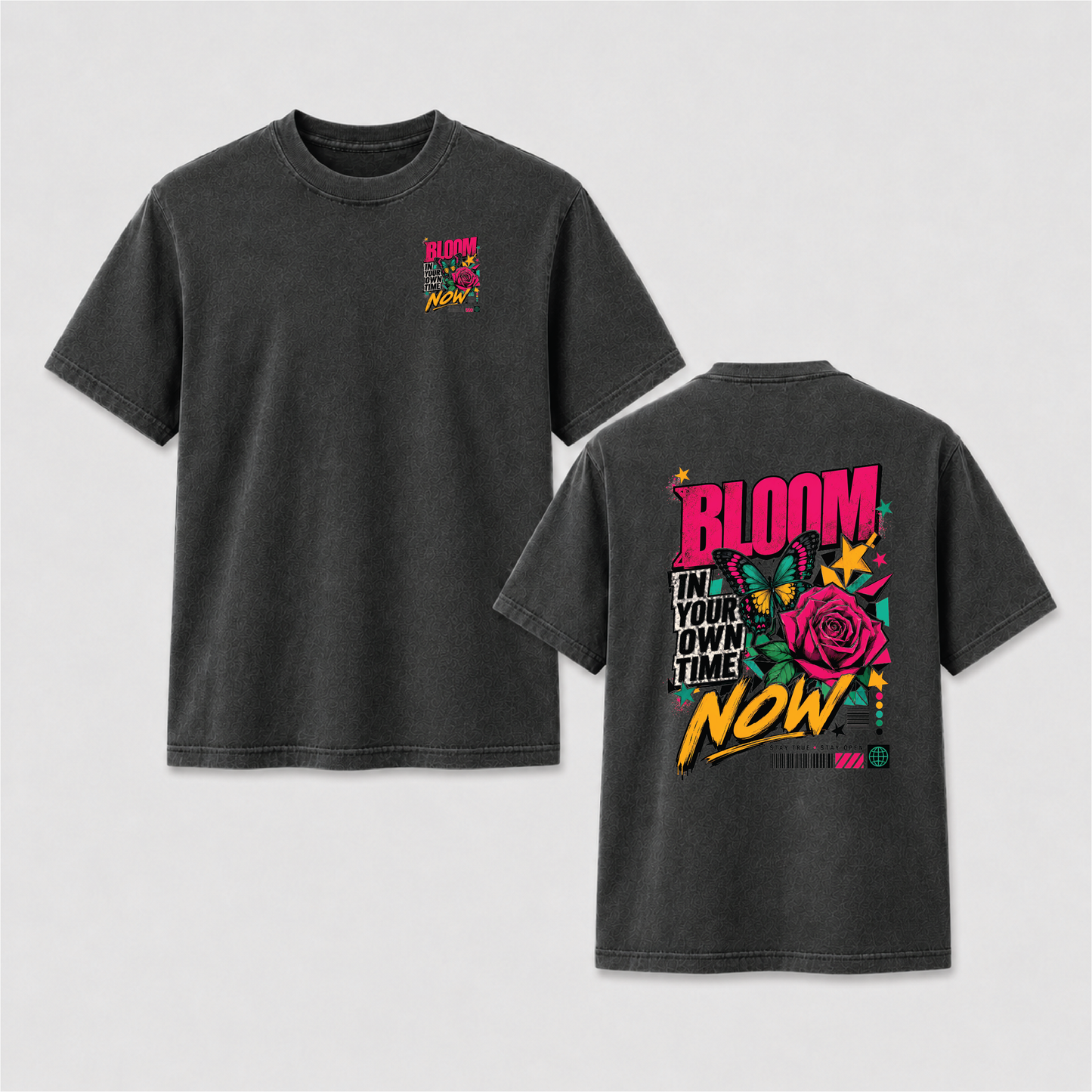 Bloom in Your Own Time T-Shirt – Butterfly Rose Front & Back Graphic Tee