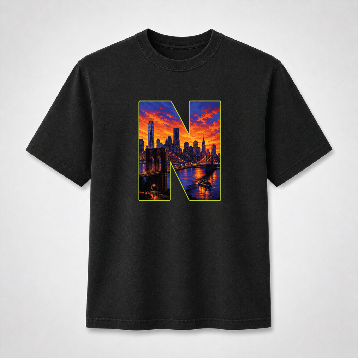 New York City Sunset Skyline Letter N Graphic Tee