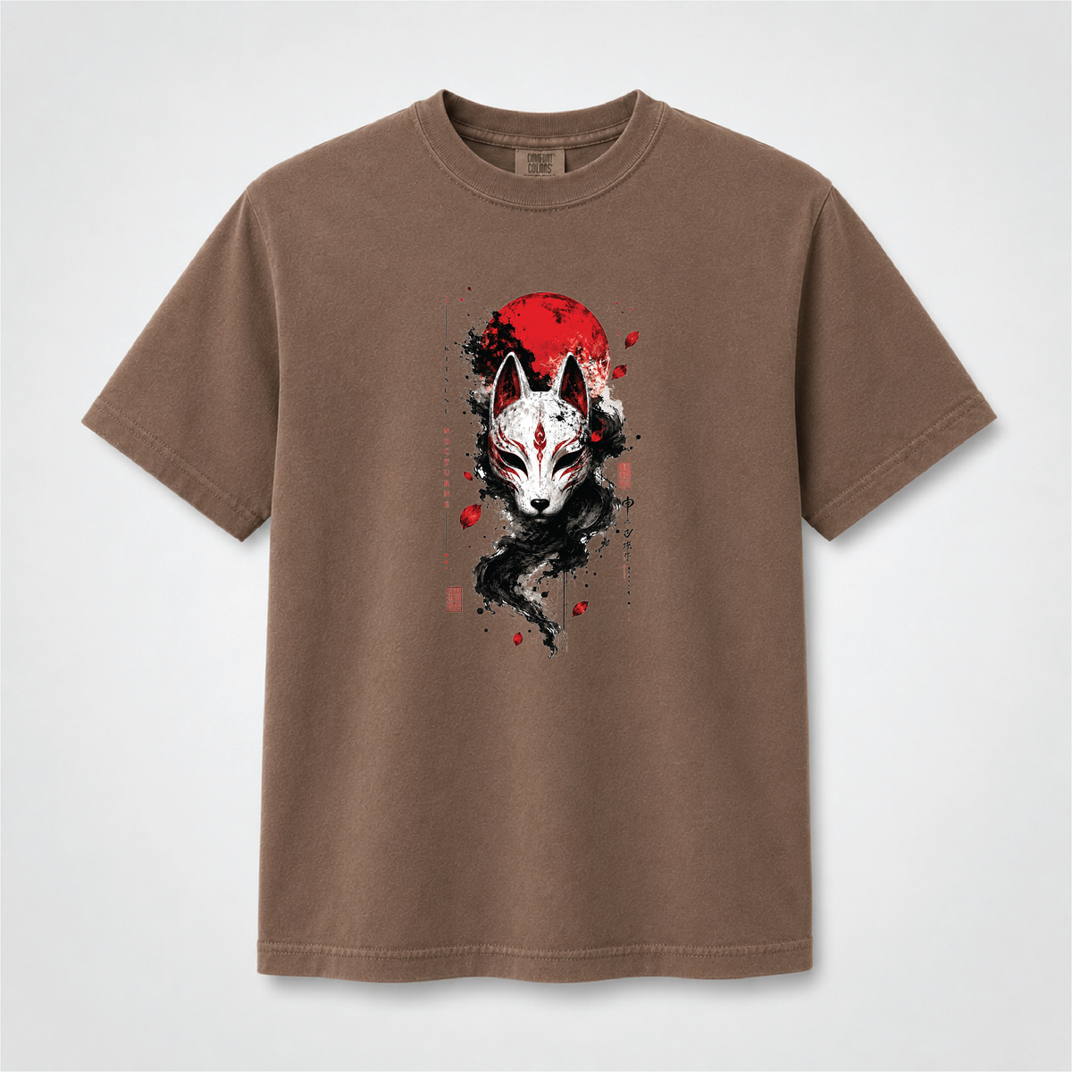 Kitsune Nocturne Red Moon Fox Mask Graphic Tee