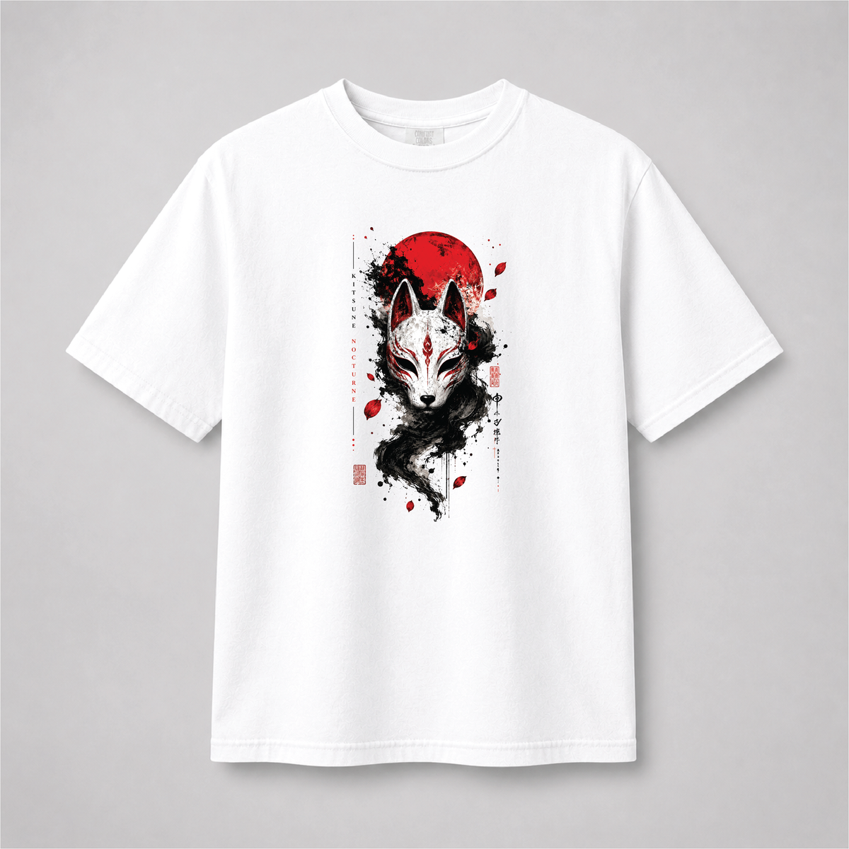 Kitsune Nocturne Red Moon Fox Mask Graphic Tee